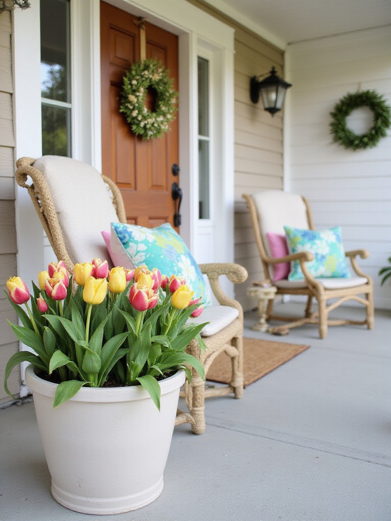 A vibrant front porch decorated with spring flowers and pastel accents.