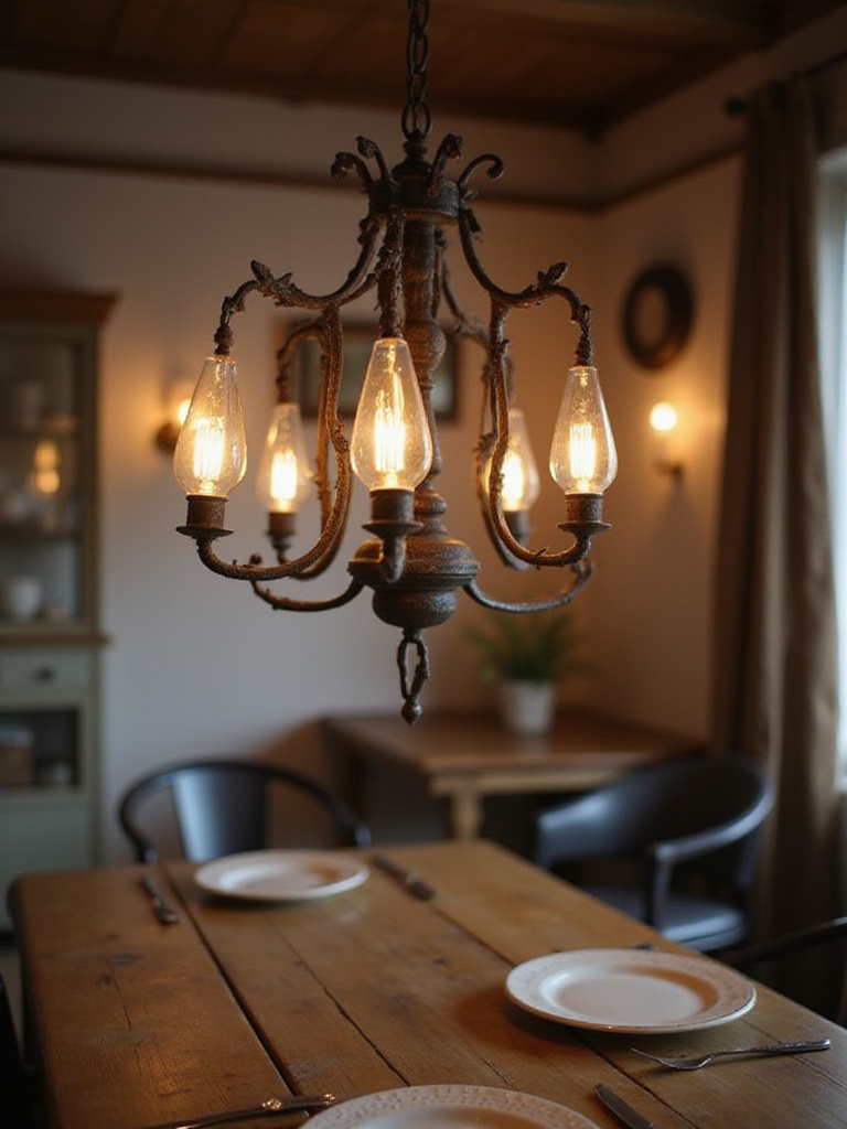 A rustic wrought iron chandelier illuminated in a cozy dining room setting, emphasizing the importance of maintenance.