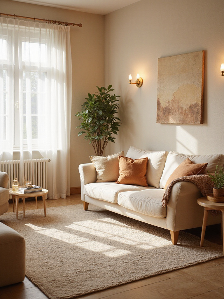 Warm and inviting north-facing living room with soft beige walls and cozy furnishings.