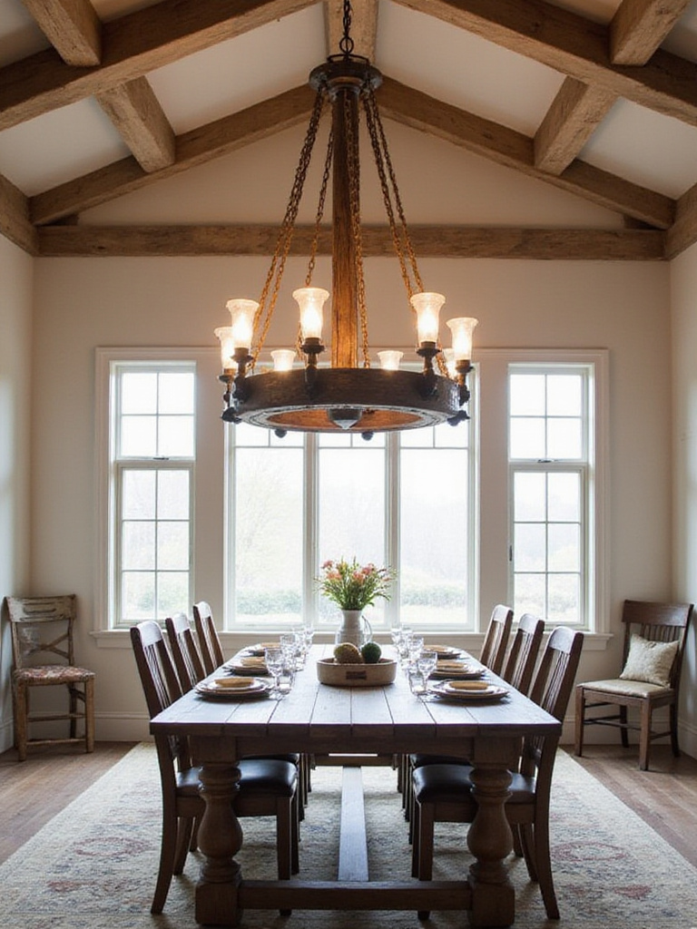 A rustic dining room with a classic wagon wheel chandelier illuminating the space.