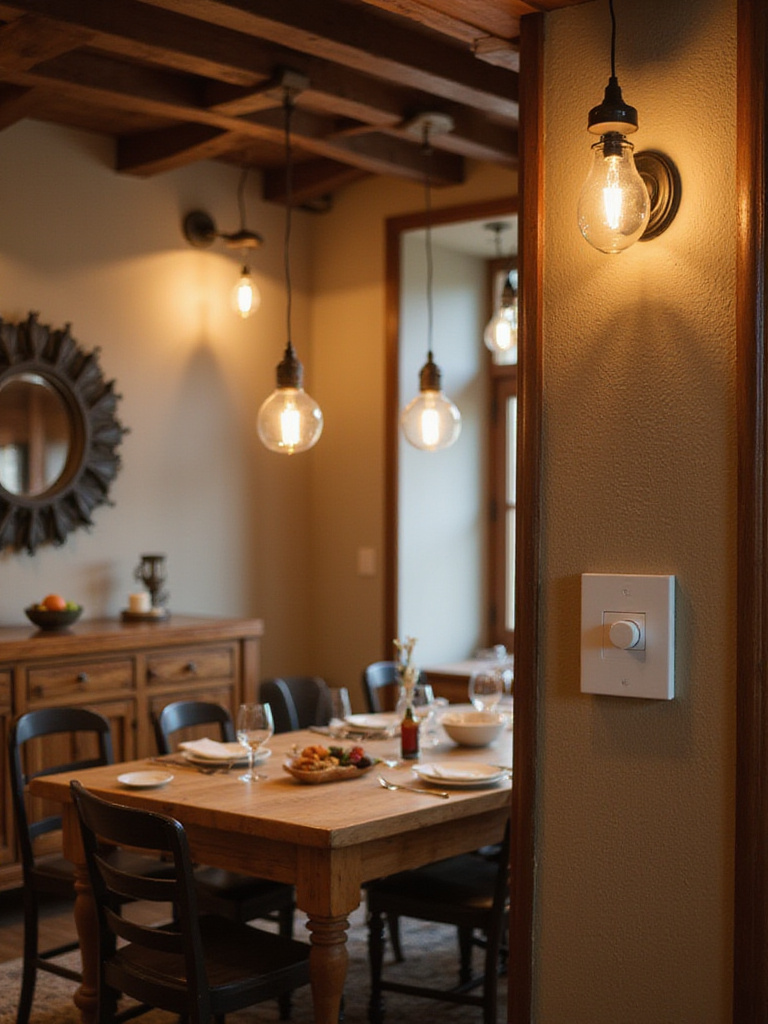 Rustic dining room with master dimmer switch and warm lighting