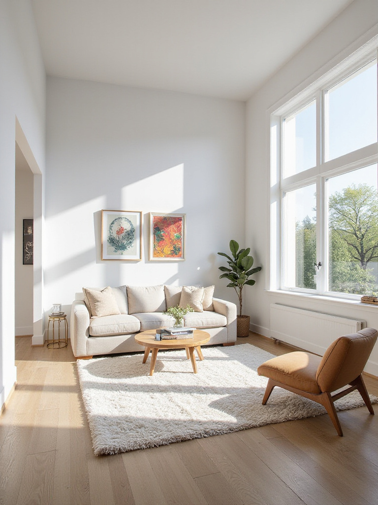 Bright and airy living room painted in crisp white with large windows and minimalist decor.