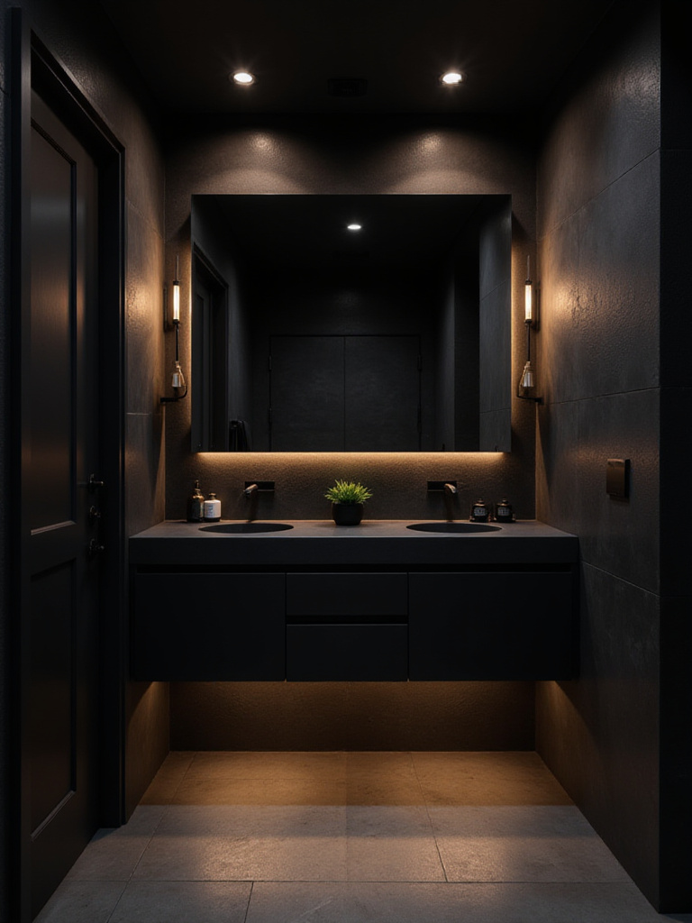 Modern black bathroom with balanced lighting highlighting design features