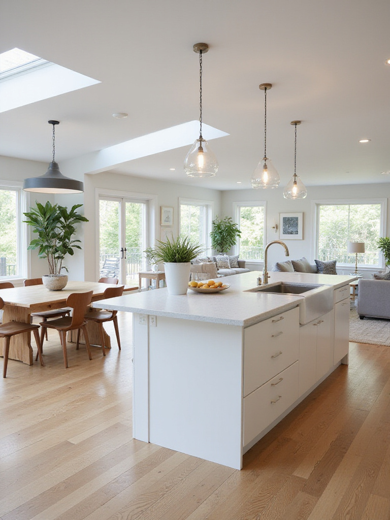open-concept kitchen design with seamless flow to dining and living areas