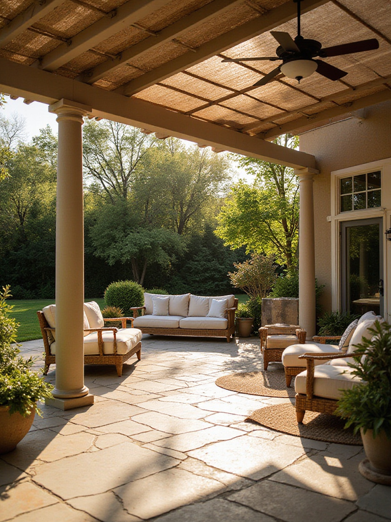 A cozy patio designed for optimal sun exposure and wind protection, featuring a pergola and comfortable seating.