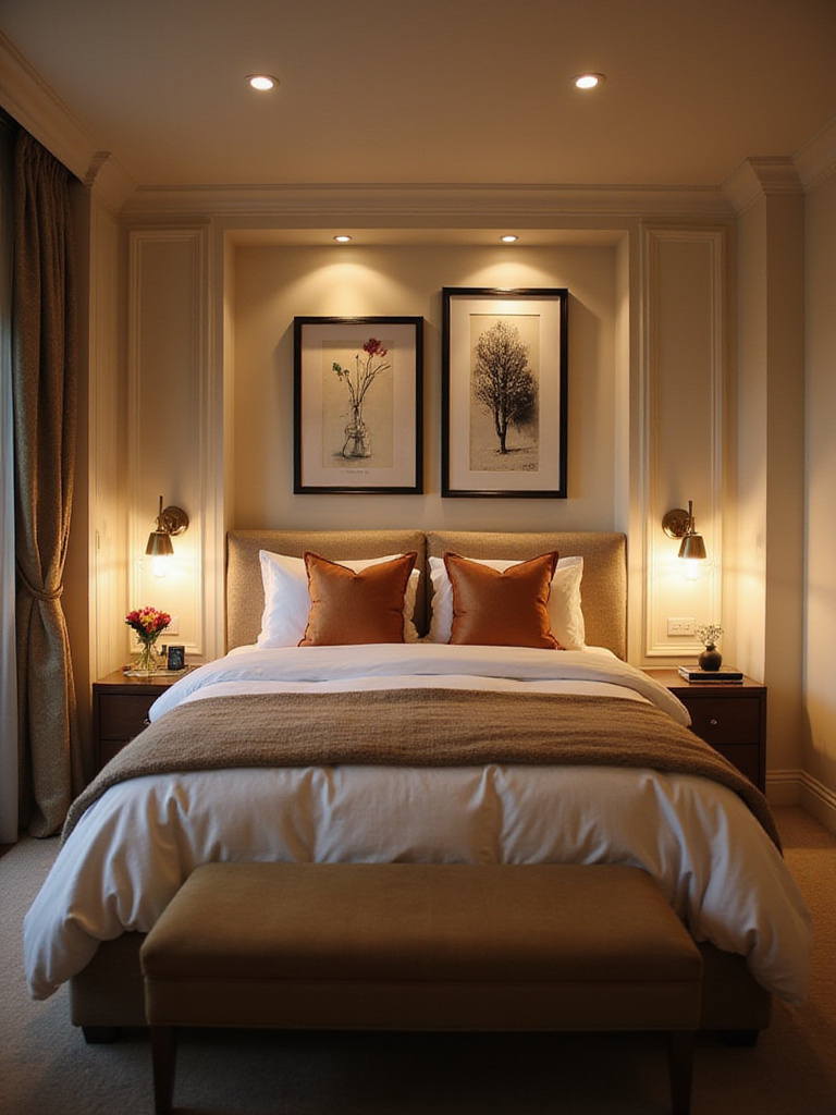Luxury bedroom with layered lighting showcasing ambient, task, and accent illumination.