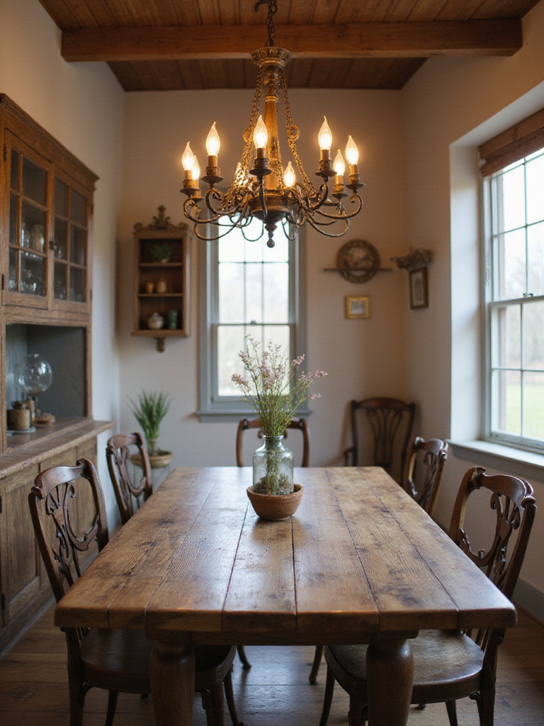 Rustic dining room with a chandelier and wooden dining table, showcasing ideal fixture size