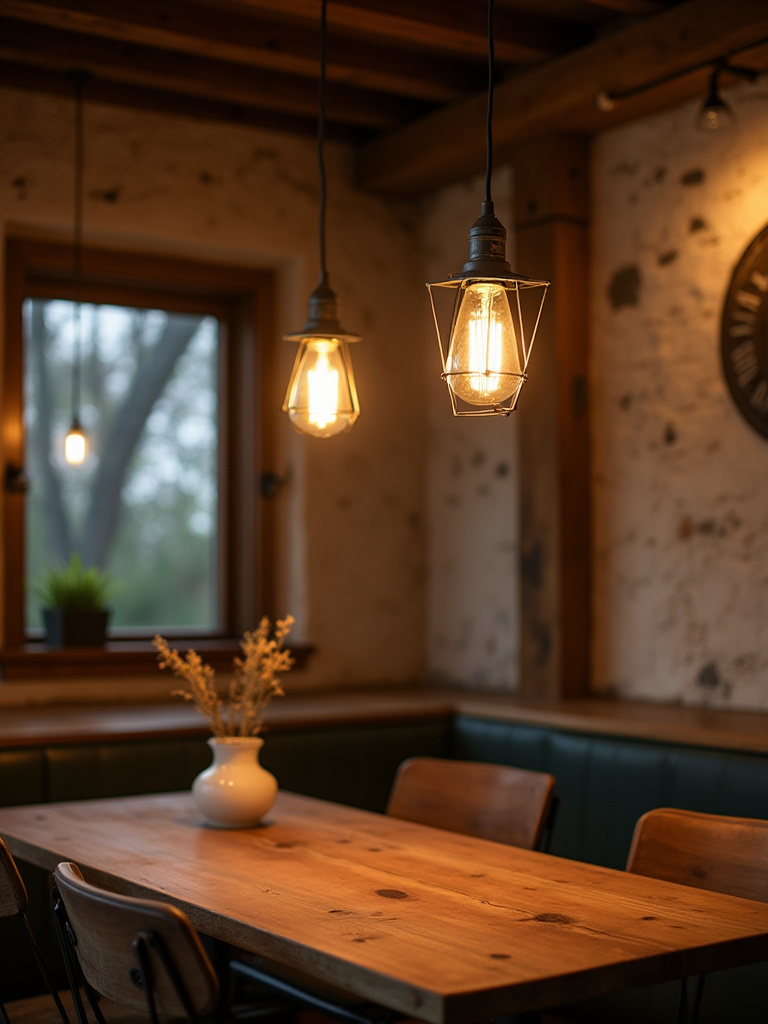 Cozy rustic dining space with smart lighting fixtures