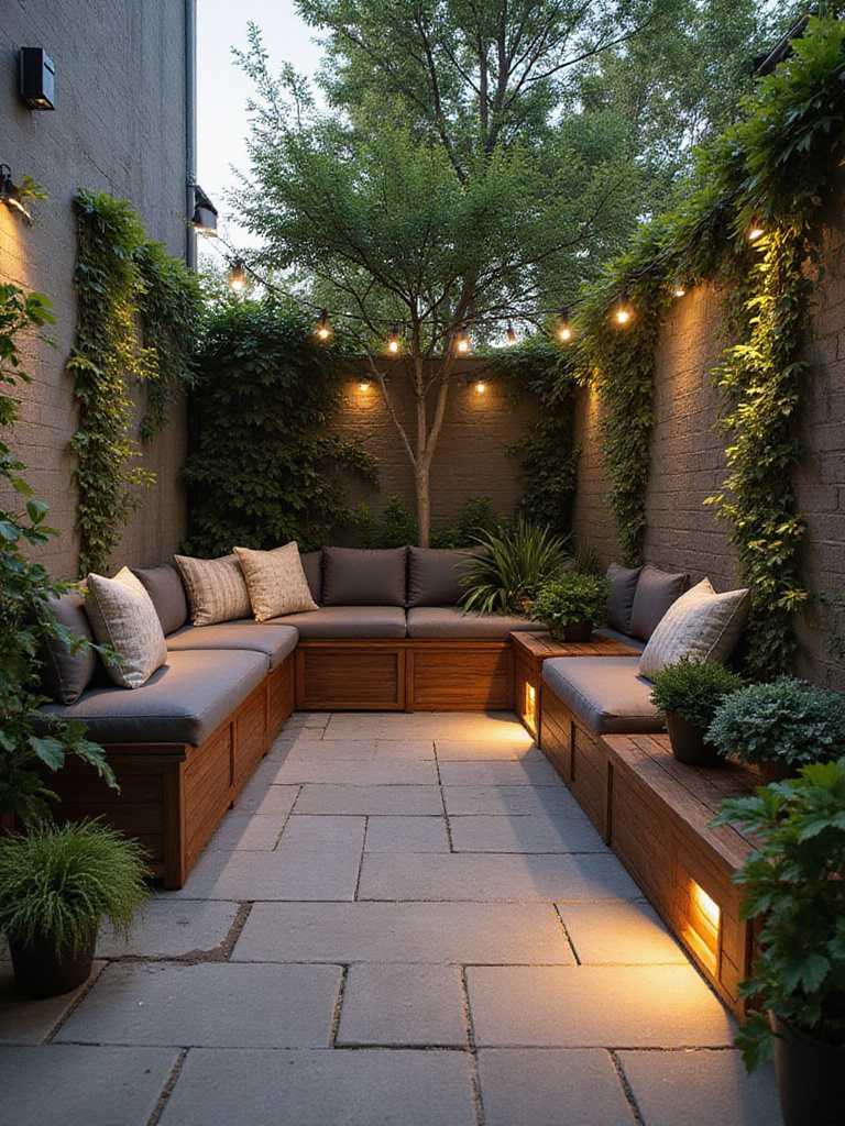 Small patio design showcasing a built-in bench and greenery