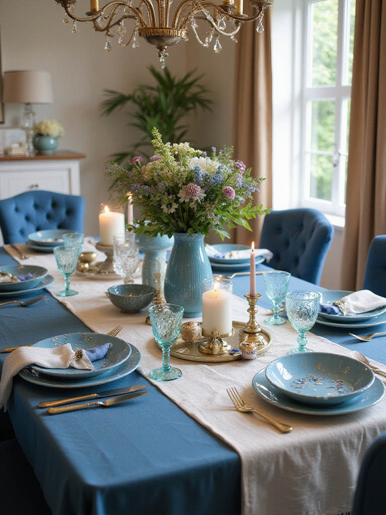 Styled blue dining room table with cohesive decor elements