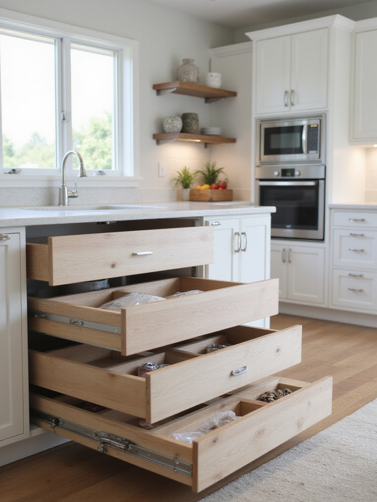 A contemporary kitchen with smart hidden storage solutions including an appliance garage and deep drawers.