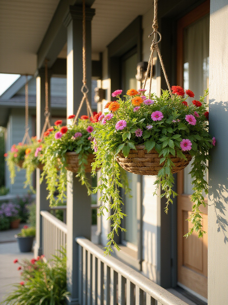 Colorful hanging baskets filled with flowers displayed on a front porch