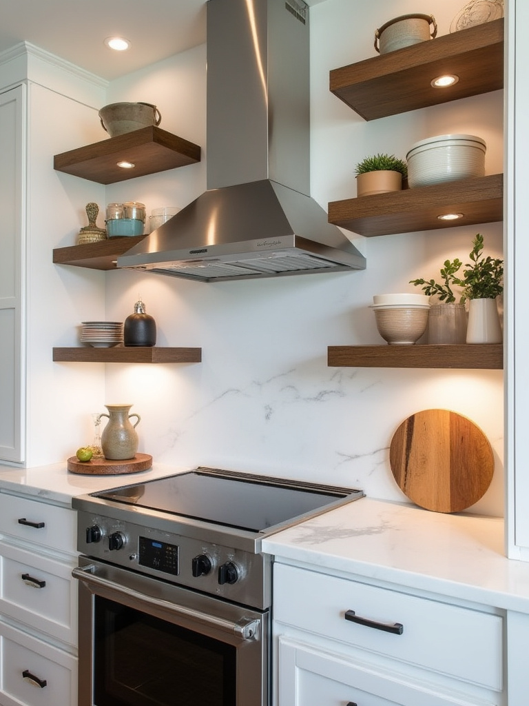 Modern kitchen with open shelving displaying dishware and decorative items
