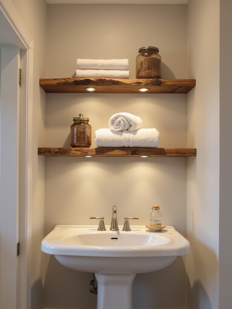 Rustic bathroom with live edge wood floating shelves showcasing organic storage solutions.