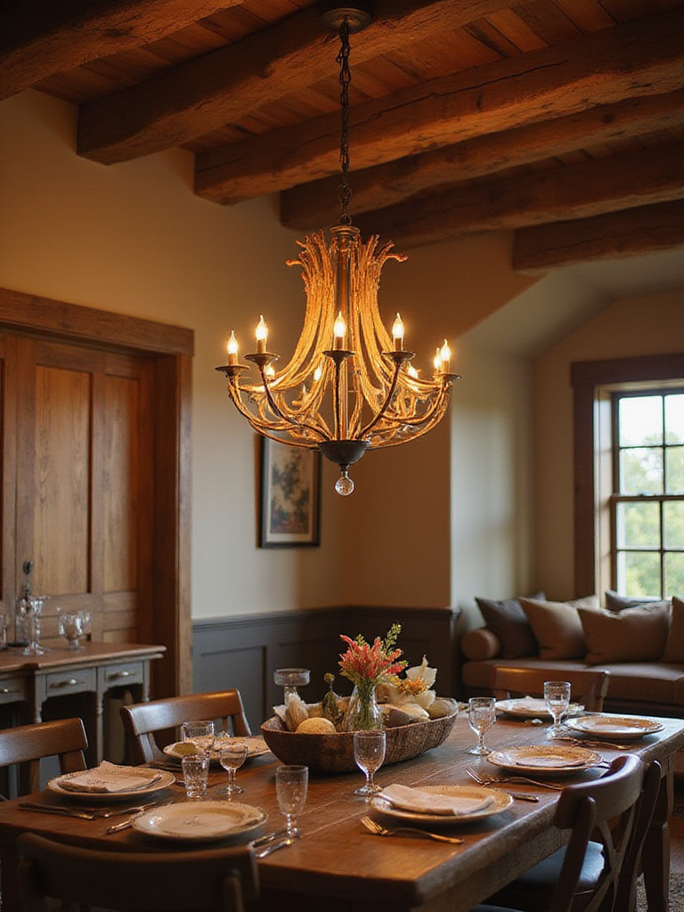 A rustic dining room with a beautiful chandelier, showcasing warm lighting and elegant decor.