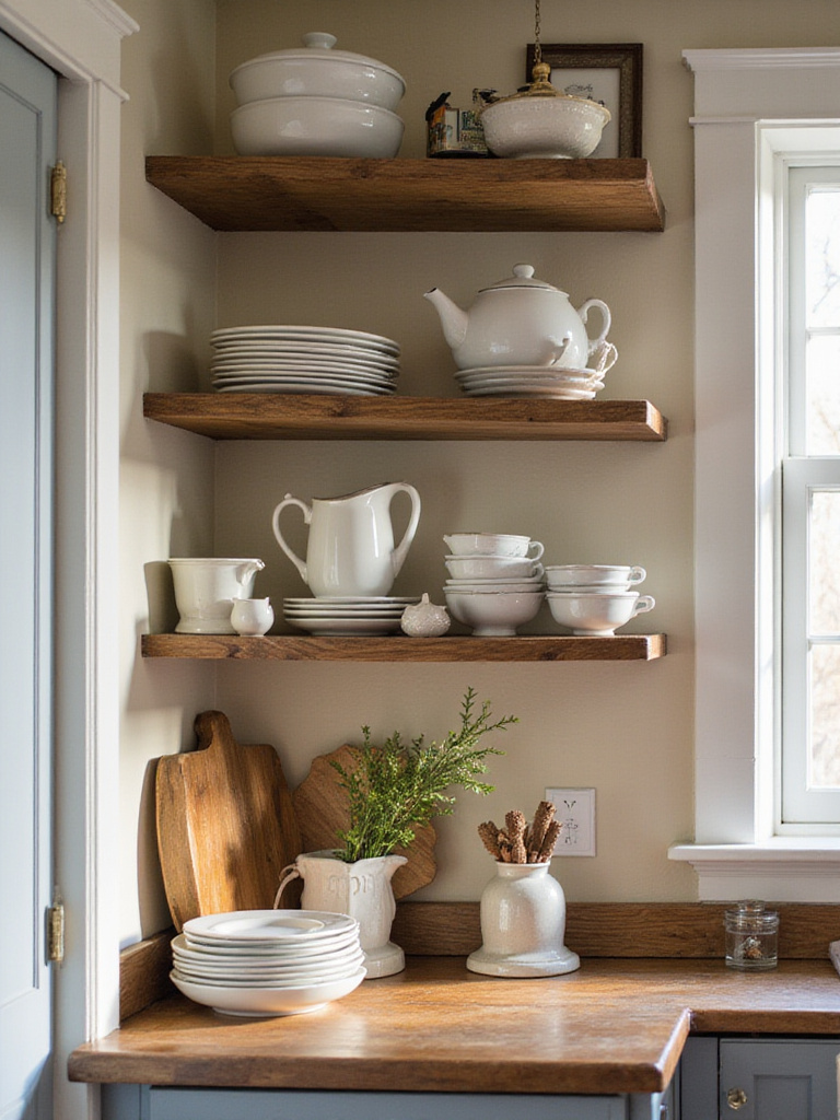 Farmhouse kitchen with open shelving displaying dishware