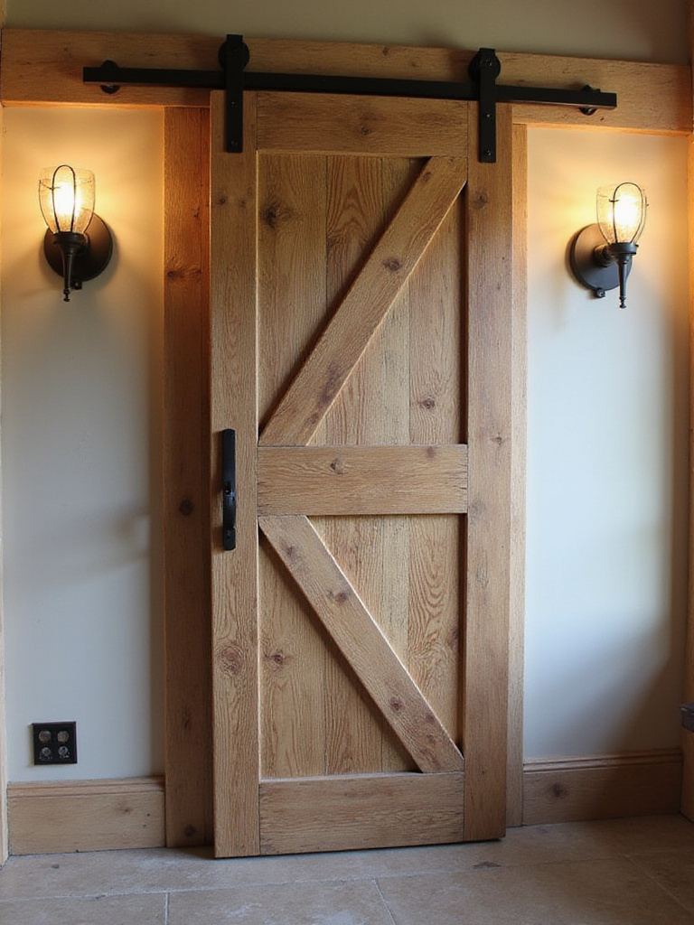 Rustic bathroom with a sliding barn door entry made of reclaimed wood.