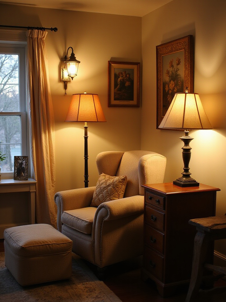 Cozy cottage living room with multiple lamps providing ambient lighting