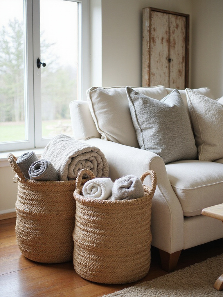 Cozy cottage living room featuring woven storage baskets filled with blankets and pillows.