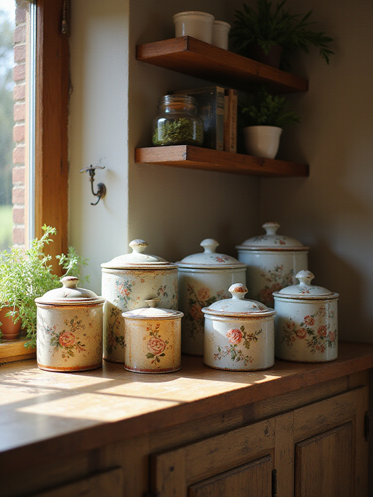 Charming vintage canister sets displayed on a rustic kitchen countertop, showcasing their intricate designs.