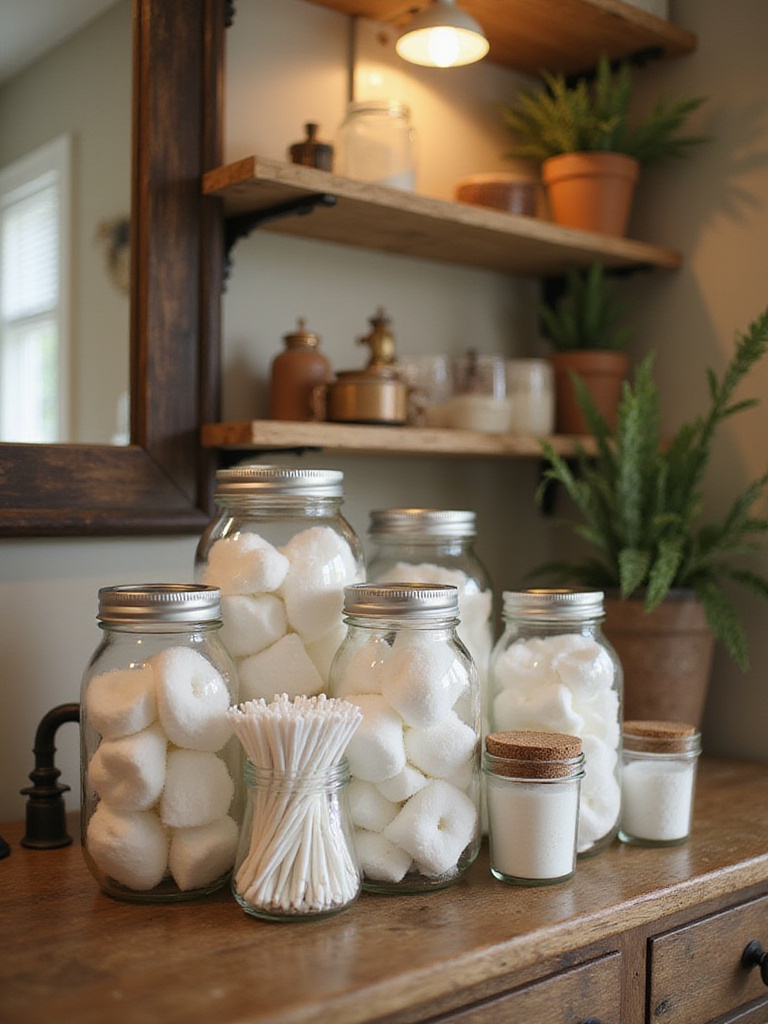Rustic bathroom organization with mason jars filled with toiletries.