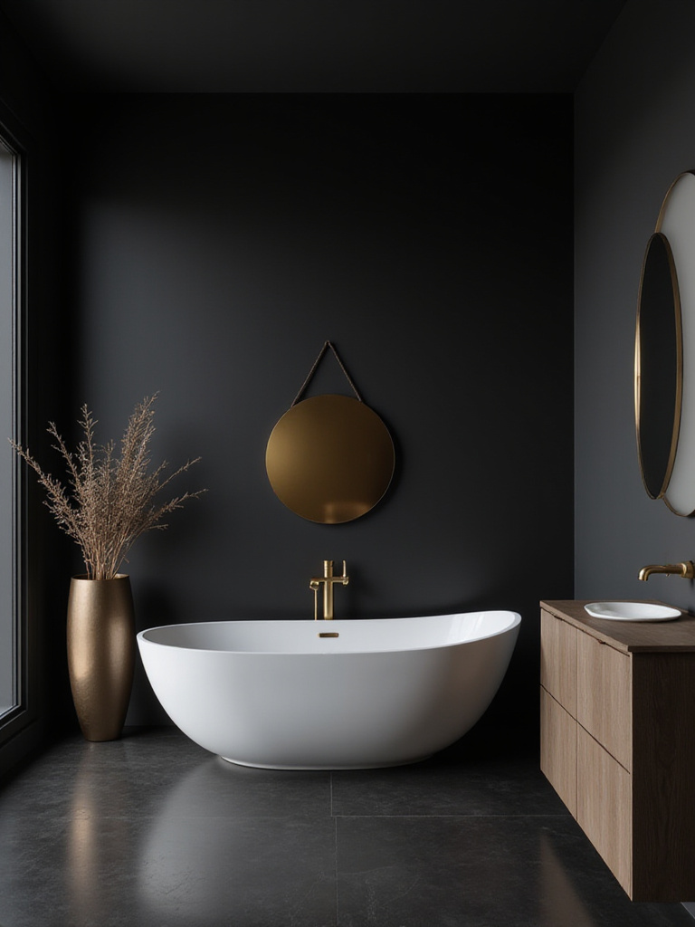 Luxurious bathroom with matte black walls and elegant fixtures