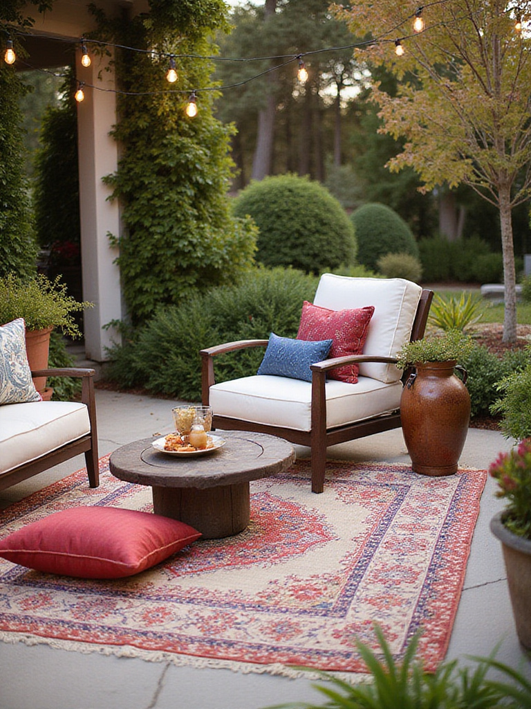 Beautifully accessorized patio with textiles and decor, showcasing a cozy outdoor retreat.