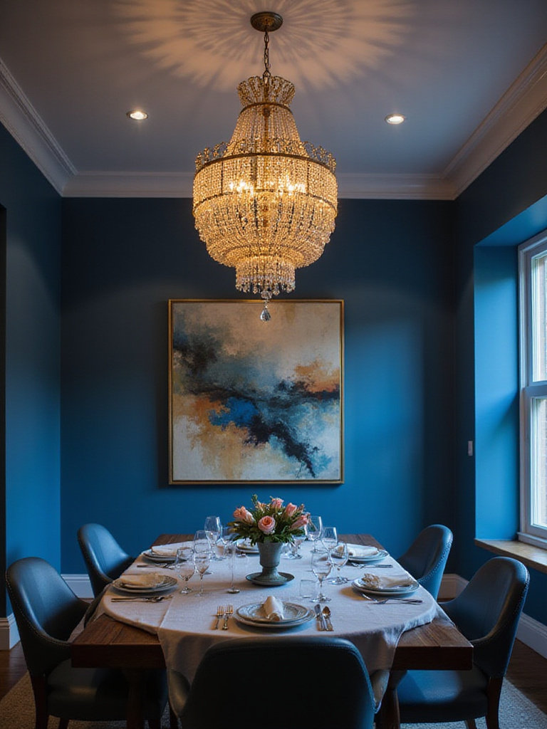 Elegant blue dining room with layered lighting showcasing chandelier and accent lights