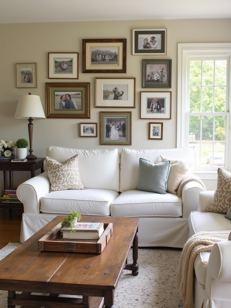 Cozy farmhouse living room with family photos and personal touches