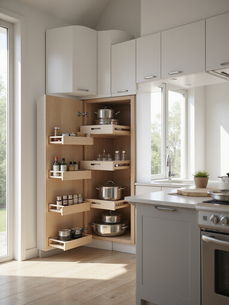 Modern kitchen corner cabinet with pull-out storage solutions