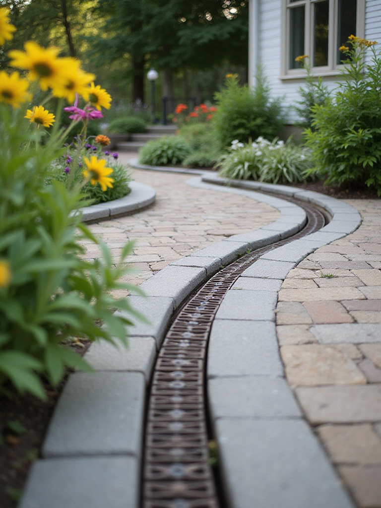 Patio with effective drainage solutions featuring a linear trench drain integrated into the design.