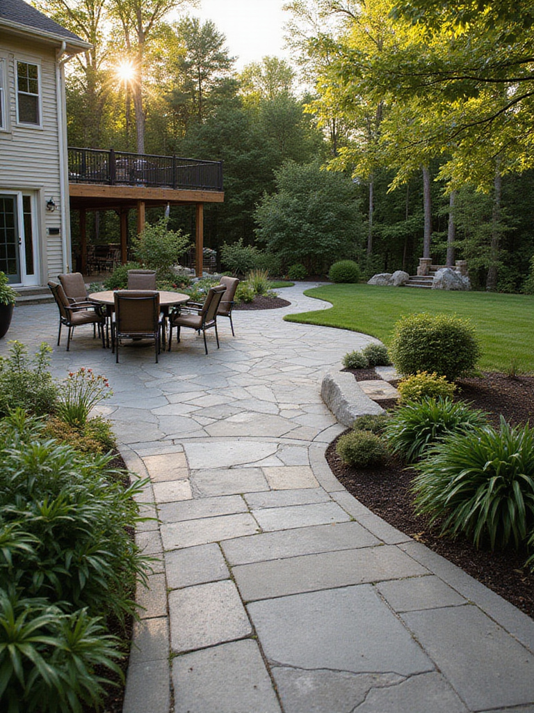A stunning backyard featuring a patio, stone path, and wooden deck with greenery.