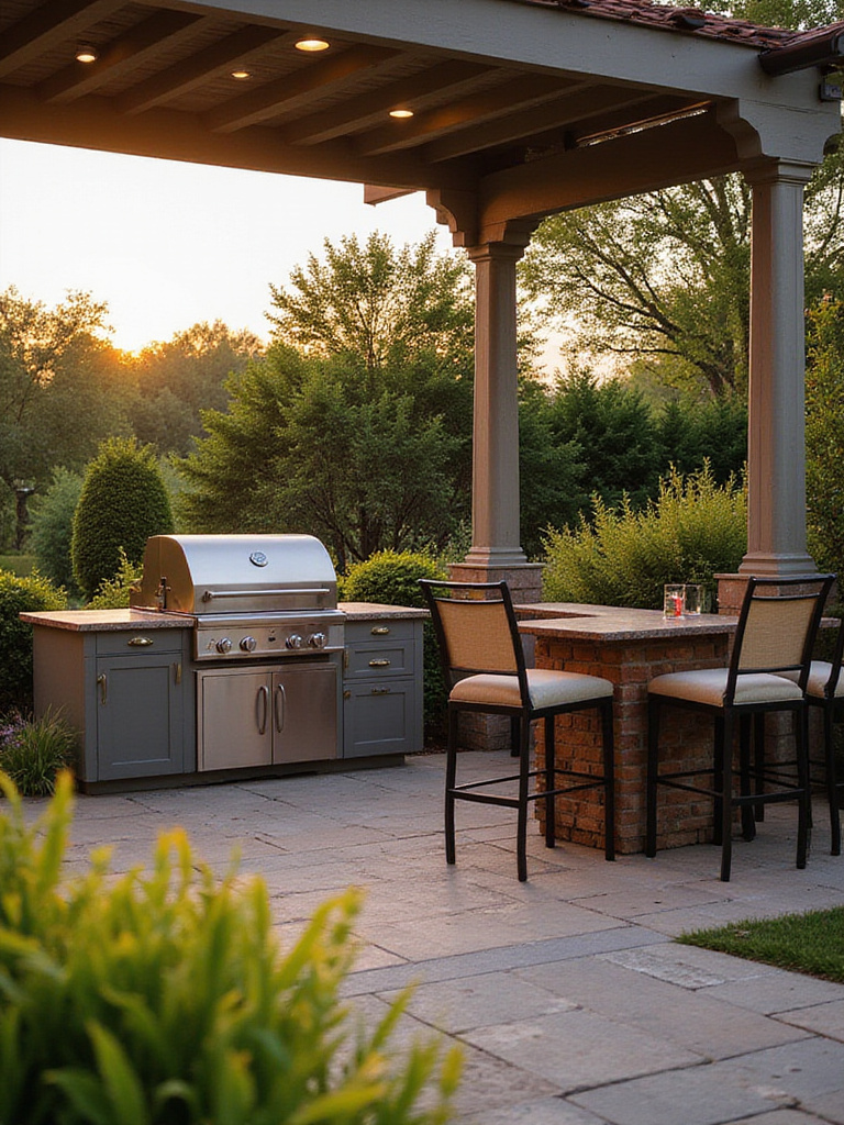 Outdoor kitchen and bar area with modern design in a serene patio setting.