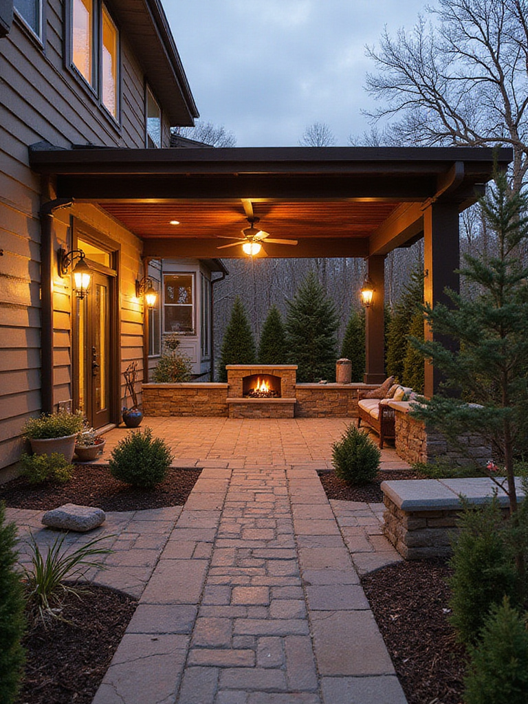 A four-season patio design with a louvered pergola, outdoor fireplace, and native evergreen plants.