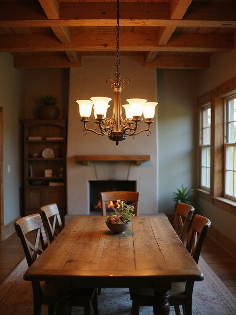 Cozy rustic dining room with a chandelier, emphasizing safety and proper wiring during installation.