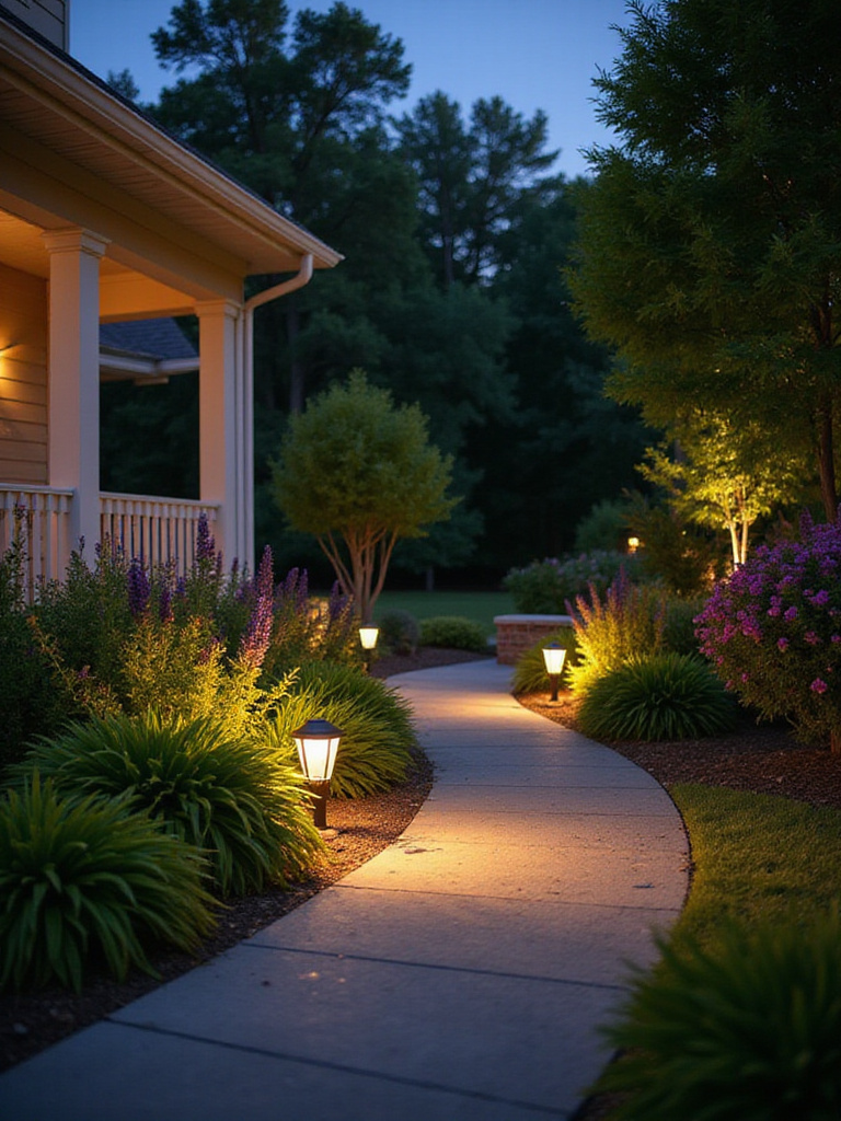 A well-lit backyard with secure lighting and child-proofing features, showcasing a safe outdoor environment.