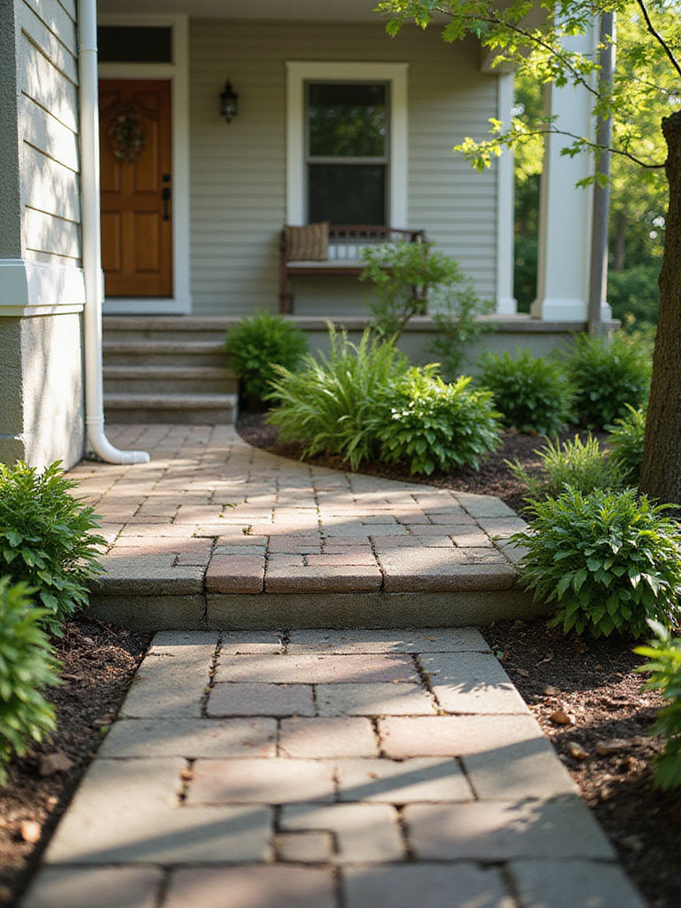 A landscaped front porch with effective drainage solutions, showcasing aesthetic appeal and water management.