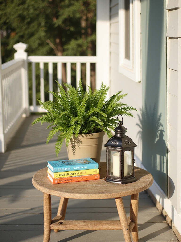 Small side table on a front porch decorated with a fern, lantern, and books