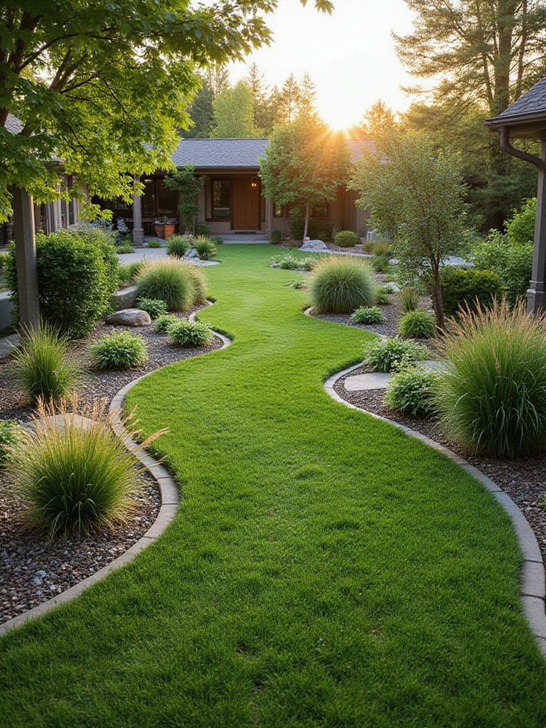 Serene backyard with low-maintenance lawn alternatives including microclover and creeping thyme.