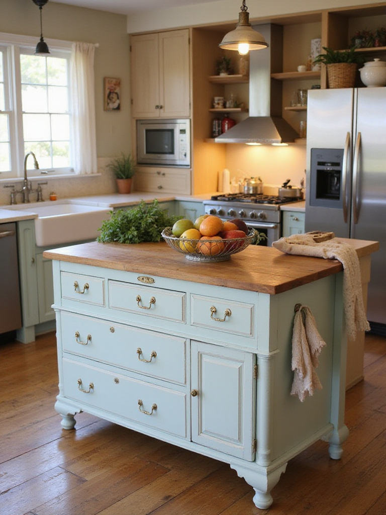 Antique dresser repurposed as a kitchen island in a warm vintage kitchen setting