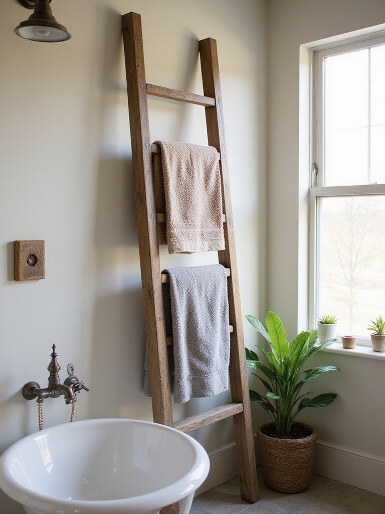A rustic bathroom featuring a repurposed ladder as a chic towel rack with towels draped over it.