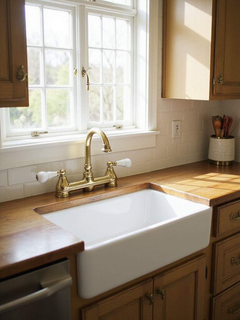 Vintage kitchen featuring a bridge faucet above a farmhouse sink.