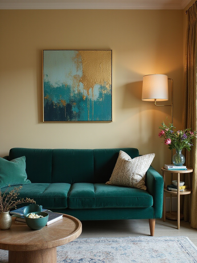 A cozy living room showcasing colors that complement existing furniture, featuring an emerald green sofa and warm greige walls.