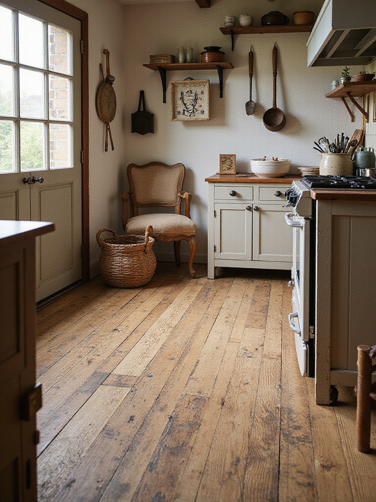 Cozy farmhouse kitchen with distressed wide-plank wood flooring