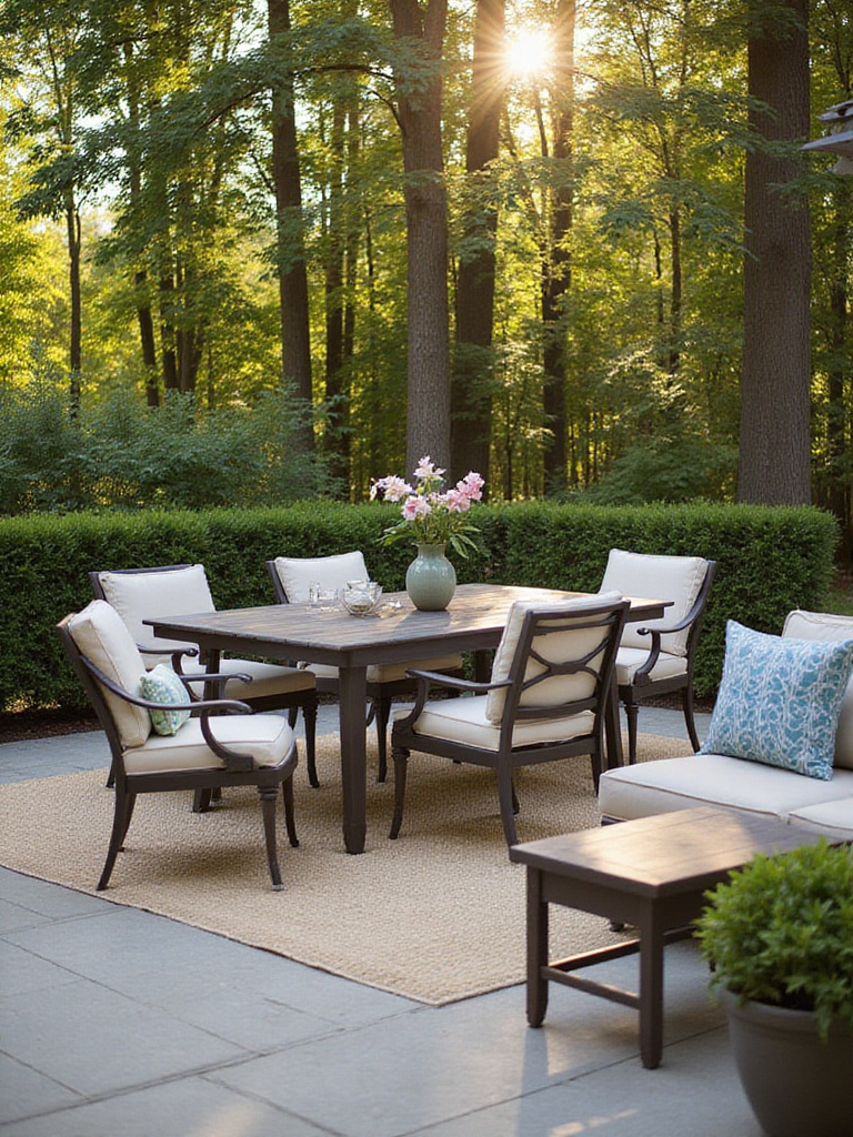 Weather-resistant furniture on a beautifully arranged patio with sunlight filtering through trees.