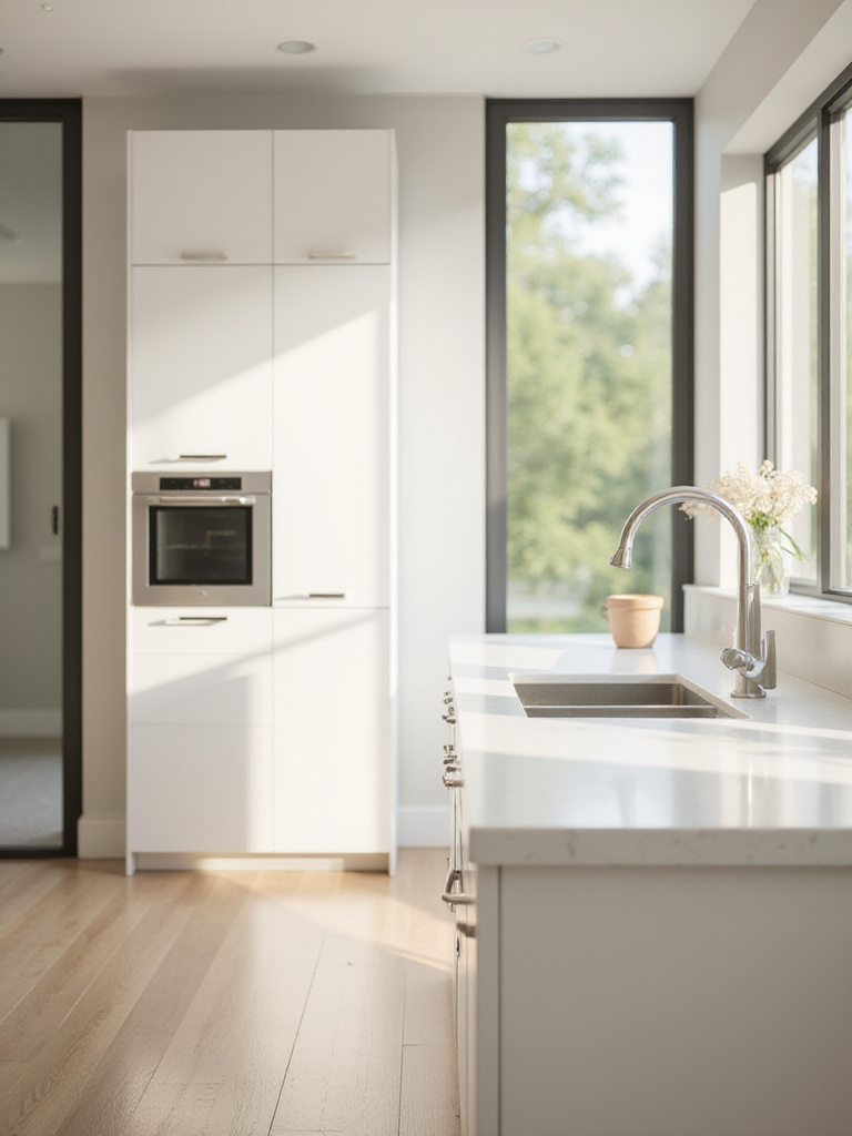 A contemporary kitchen with handleless cabinetry and bright natural lighting.
