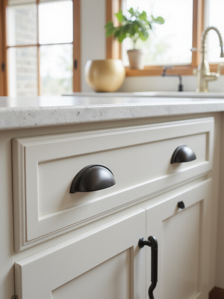 Farmhouse kitchen featuring matte black and bronze hardware on light cabinetry.