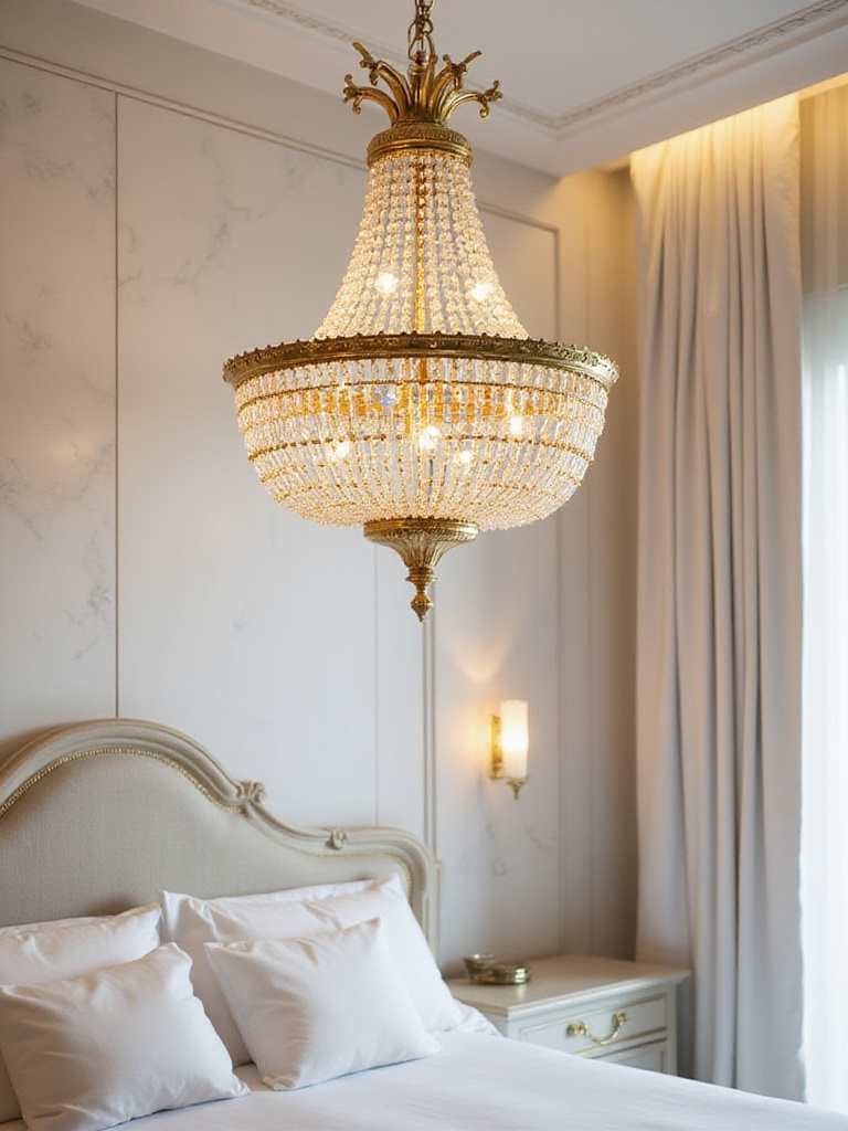 Luxurious bedroom with a polished brass and crystal chandelier