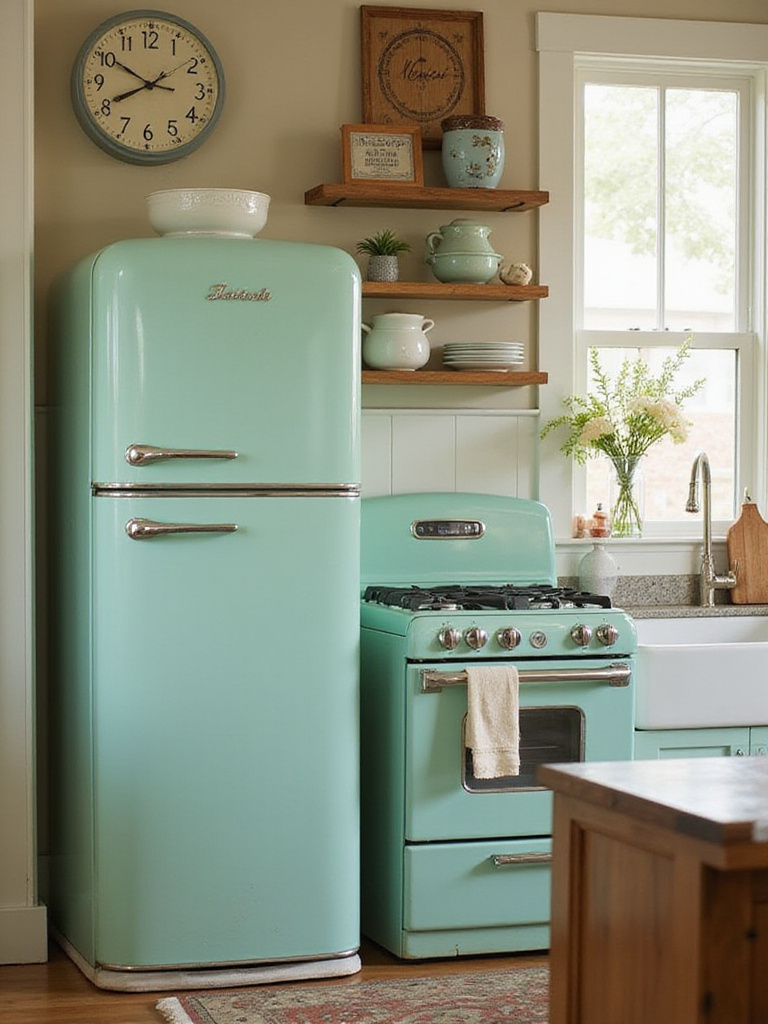 Cozy farmhouse kitchen with retro-inspired appliances