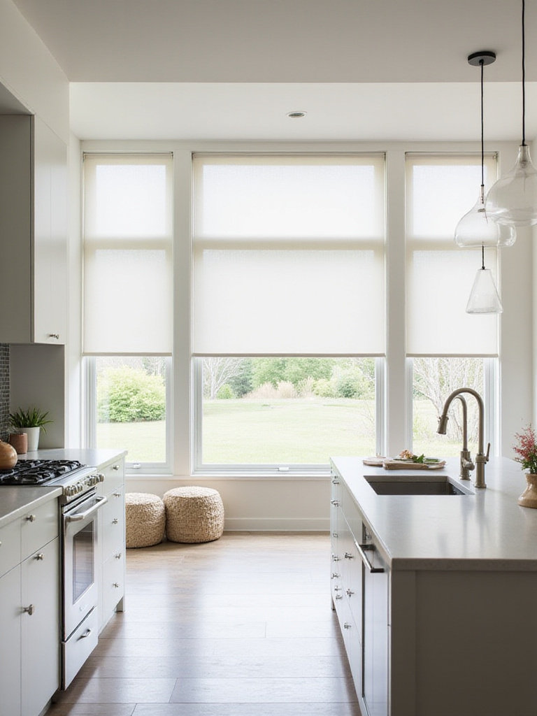 Contemporary kitchen with minimalist window treatments allowing natural light